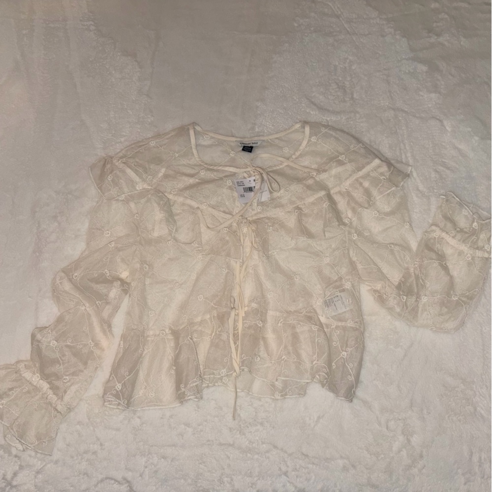 American Eagle Cream Sheer Blouse Lace Ties in Front